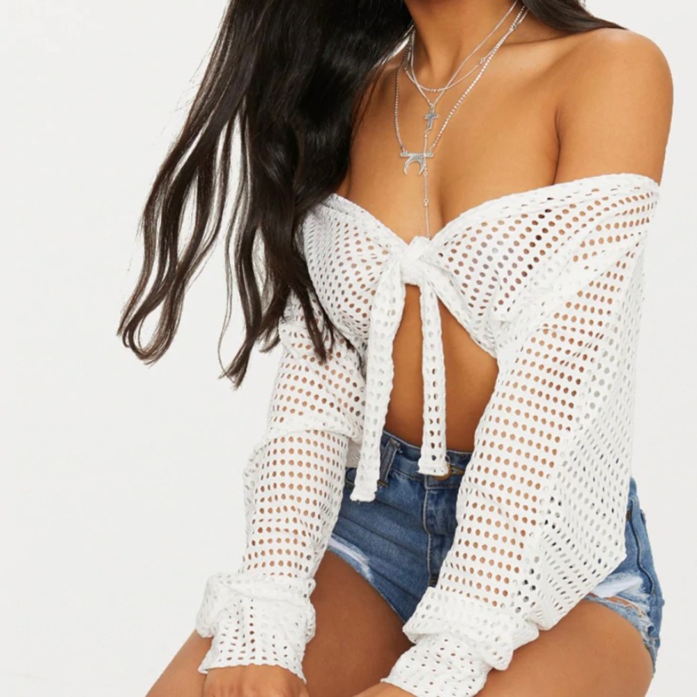 PrettyLittleThing White Fishnet Tie Crop Top